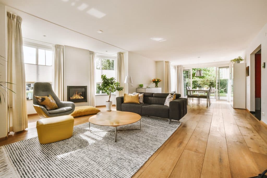 Studio apartment interior with wooden furniture